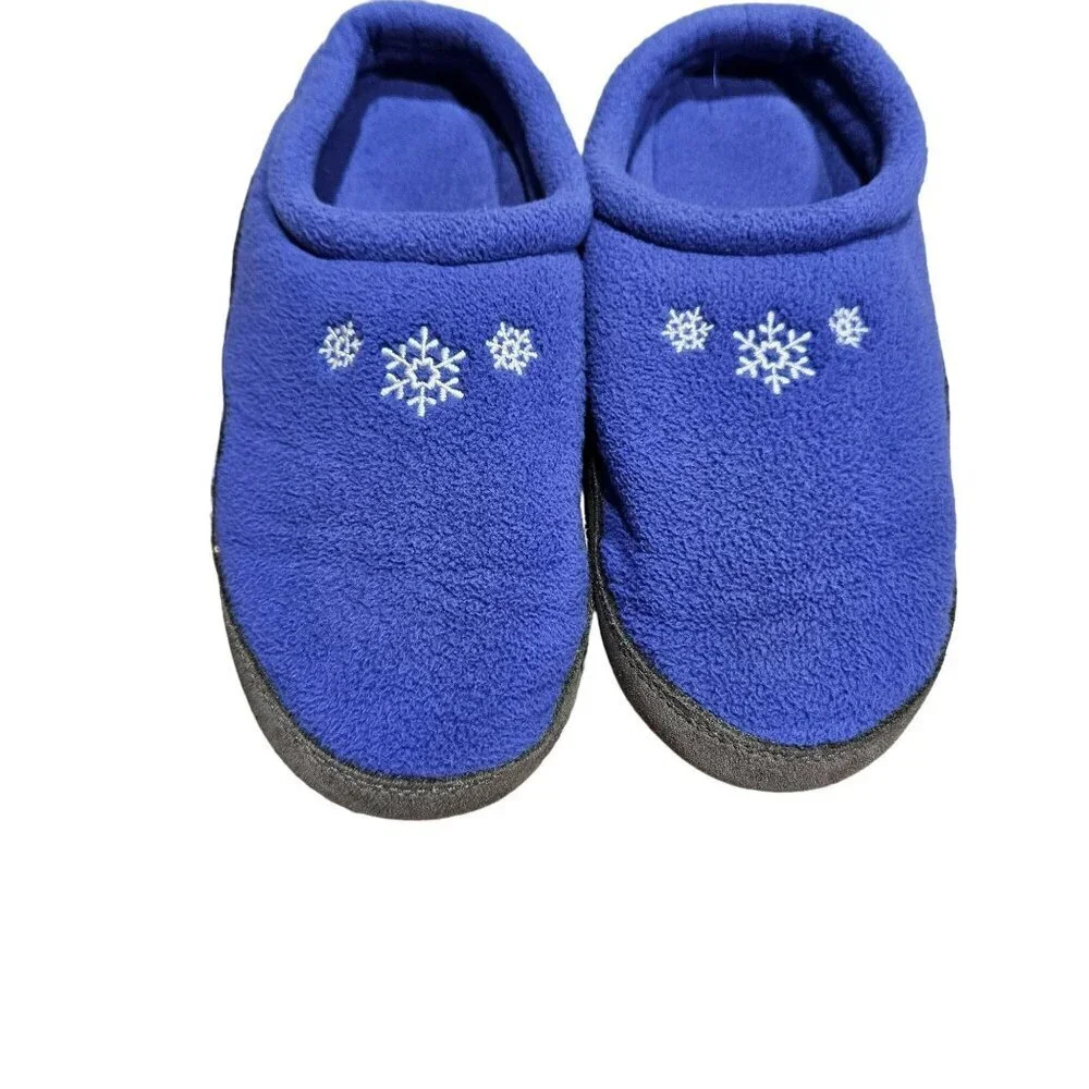 L.L.‎ Bean Girls 1-2 Blue Fleece Slippers With Snowflake Design & Leather Sole